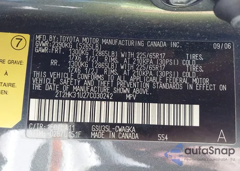 2007 Lexus Rx 350 z USA, uszkodzony, nr VIN 2T2HK31U27C030242